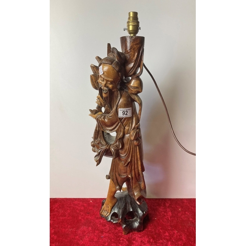 92 - Oriental wooden carved table lamp - approx 54 cm tall exc light fitting