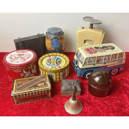 96 - Box of collectibles including tins and vintage scales