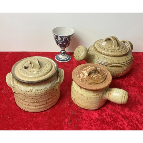 99 - Signed studio pottery kitchenwares along with a signed studio pottery goblet as found