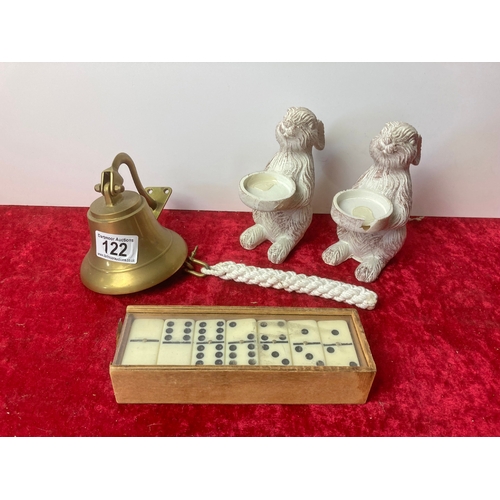 122 - A pair of rabbit tea light holders, a set of dominos and a mounted brass bell