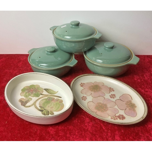 123 - 2 Denby lidded oven dishes along with 2 vintage Denby serving dishes