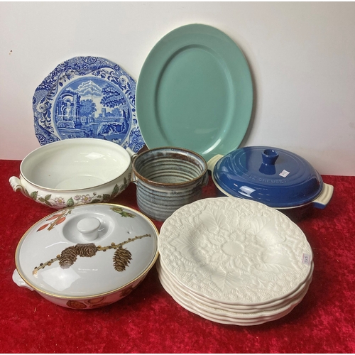 124 - A collection of kitchenware including Myott, Copeland, Royal Worcester and La Creuset along with Wed... 