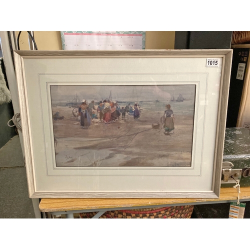 437 - Patty Townsend-Johnson. A group of people sorting the catch on the beach, signed, watercolour 19 x 2... 