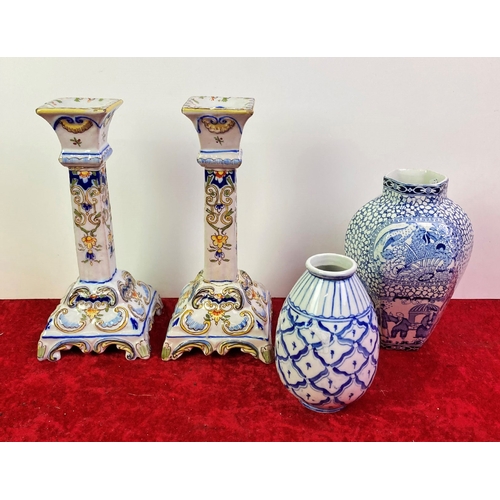 244 - Pair of old pottery A/F candlesticks and 2 blue and white vases