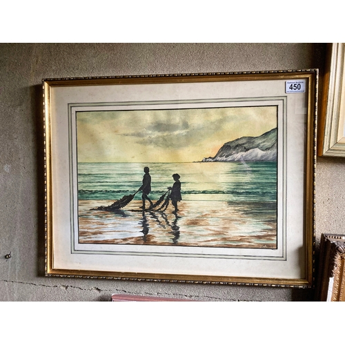 450 - Watercolour depicting children on a beach at sunset - signed H Wood Frame approx  49 cm x 35 cm