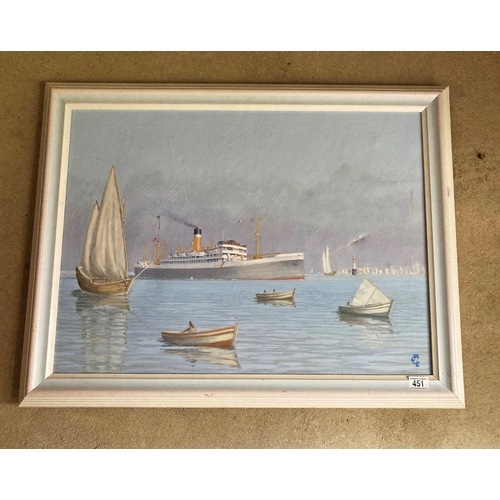 451 - Canvas painting of a steamship and rowing boat Frame approx  87 cm x 68 cm. Small patch of damage to... 