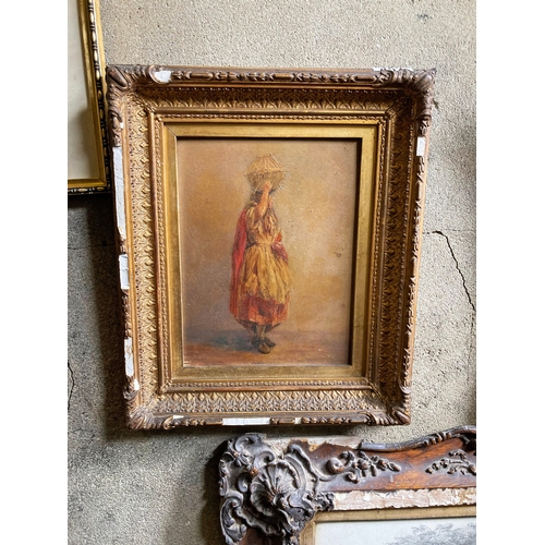 453 - Oil painting on board depicting lady in traditional dress with a basket on her head - Frame approx  ... 