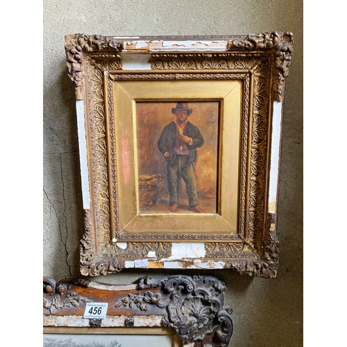 454 - Oil painting on board depicting a man selling fish Frame approx  31 cm x 36 cm