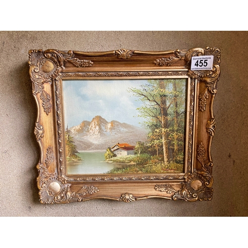 455 - Oil painting on board of a mountain lake scene signed Roseneach (?) in good gilt frame - Frame appro... 