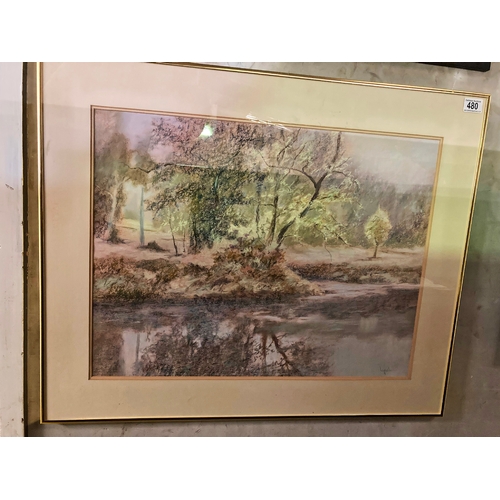 480 - Pastel drawing of Parma’s torrent in autumn, North Italy by U. Gaiti (Italain artist) -  Frame appro... 