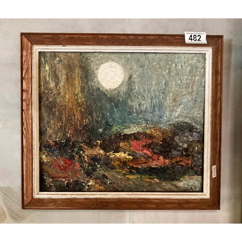 482 - A heavily painted oil on board entitled Moon rise over the coast by June Woolley  - Frame approx  36... 