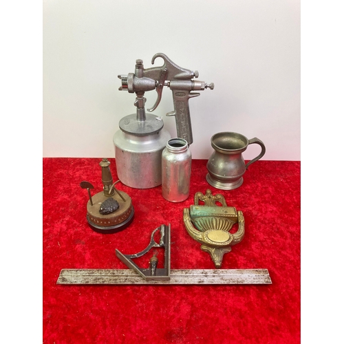 509 - Nakaya metal sprayer along with brass door knocker, pewter tankard and Bedwas Colliery momento and m... 