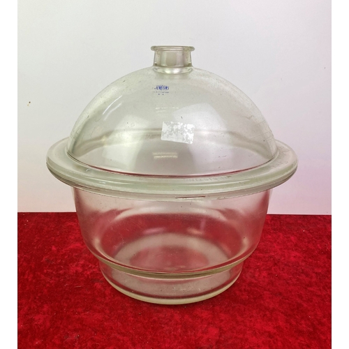 511 - A very large, heavy glass lidded bowl Gencons dessiccater number 4 from a laboratory