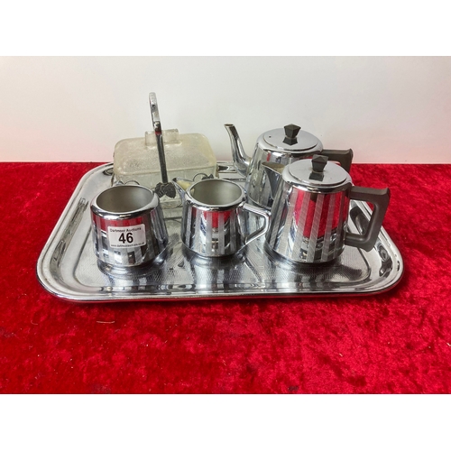 46 - Vintage swan Gothic ware tea set on a tray along with a glass bon bon dish