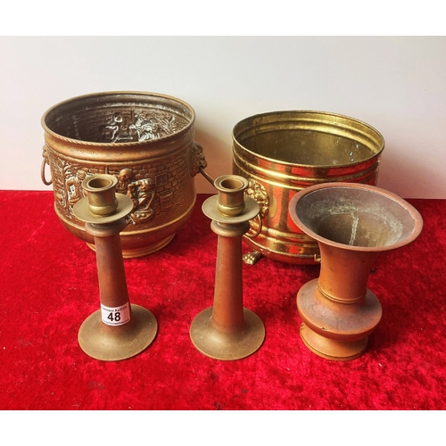 48 - A selection of brass and copper ware including candlesticks and two buckets