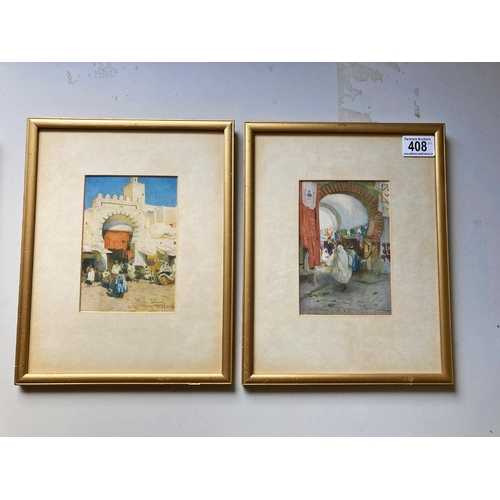 408 - Pair of good coloured prints by Graham Petrie of Arab market scenes 12” x 9”