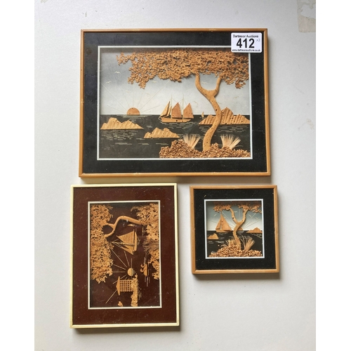 412 - Group of 3 finely detailed, 3-dimensional, cork pictures featuring sunsets and sailing boats, gradua... 