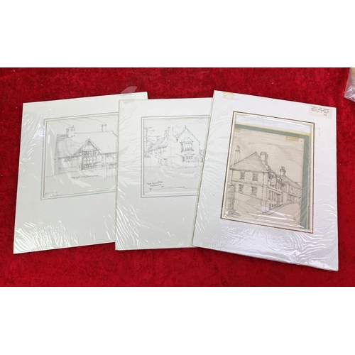 418 - Folio of three mounted, unframed, pencil drawings by L F Jones, all drawn c 1910, Group of architect... 