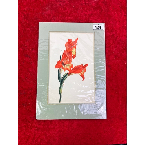 424 - Unframed but mounted original watercolour, 19thC study of a red gladioli stem, signed with initials ... 