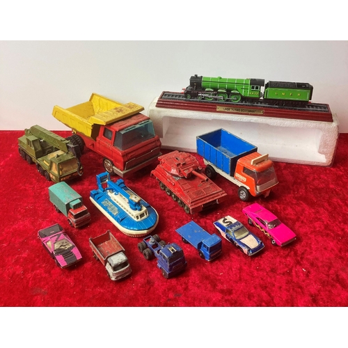 51 - Diecast models inc trucks, a tank, crane, cars etc along with a boxed Flying Scotsman locomotive