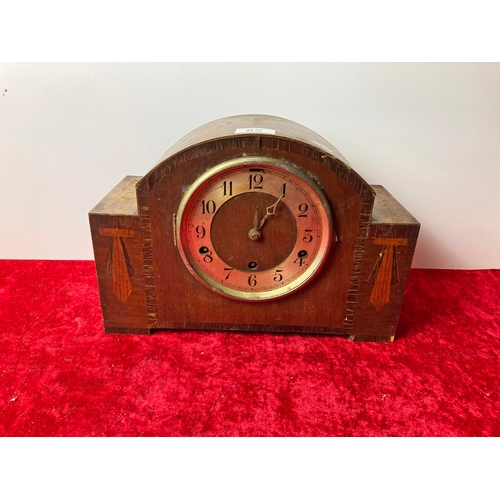 65 - Wooden cased mantle clock with inlaid detail, a/f