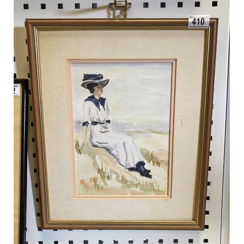 410 - Watercolour of a seated lady in Edwardian dress, 17 x 14”