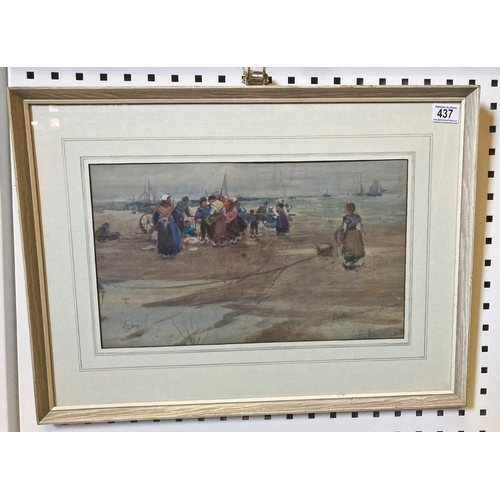 437 - Patty Townsend-Johnson. A group of people sorting the catch on the beach, signed, watercolour 19 x 2... 