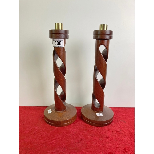 608 - Pair of funky twist carved candle sticks, approx 32cm tall