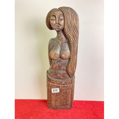 610 - Carved wooden figure of a lady, signed KA, approx 52cm tall