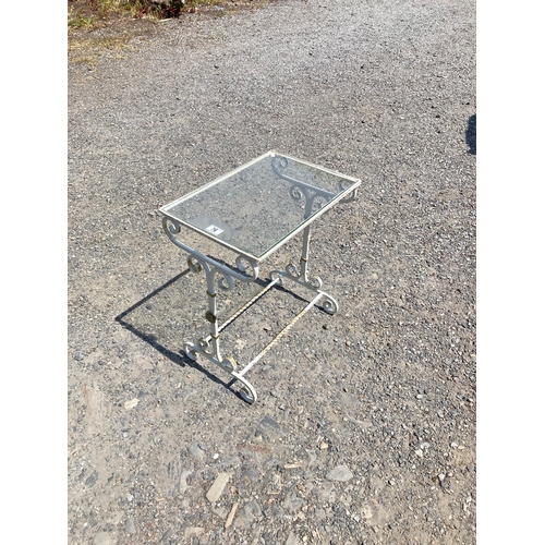 76 - White and gold coloured iron garden table with glass top