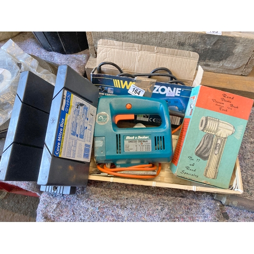 164 - Black and Decker jigsaw, Combi tool, Mitre box and a vintage vacuum brush in box