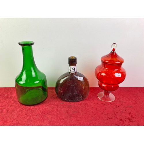 874 - 2 coloured glass bottles abd a lidded glass vase/urn