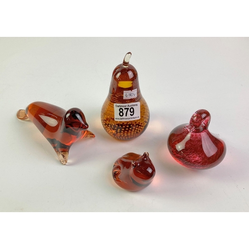 879 - 4 glass paperweights inc a pear, a bird, a seal and a frog