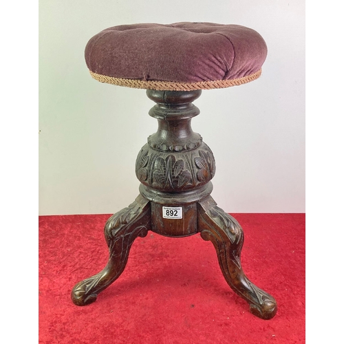 892 - Wooden pedestal piano stool with adjustable upholstered seat