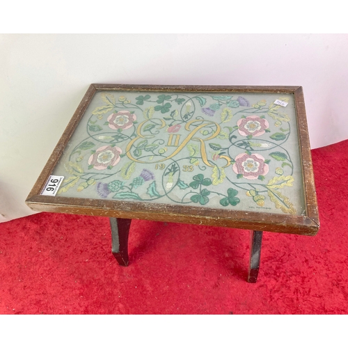 916 - Small wooden table with embroidered top