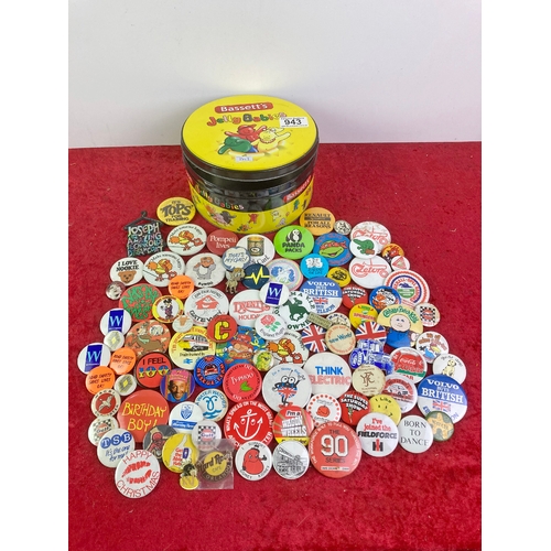 943 - Jelly Baby Tin containing vintage badges