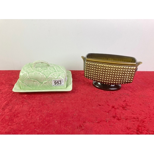 953 - Sylvac centrepiece vase with cross stitch design and Sylvac butter dish with leaf design