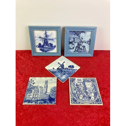 959 - 5 blue and white ceramic tiles, 2 marked Delft and 2 framed