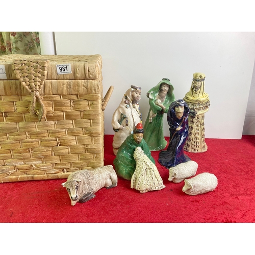 981 - Straw basket containing nativity figures