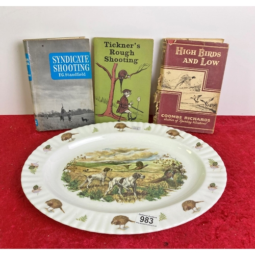 983 - China meat plate with Springer spaniels and pheasants & 3 books about shooting