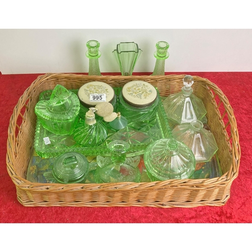 995 - Basket tray containing green glass items inc some Uranium