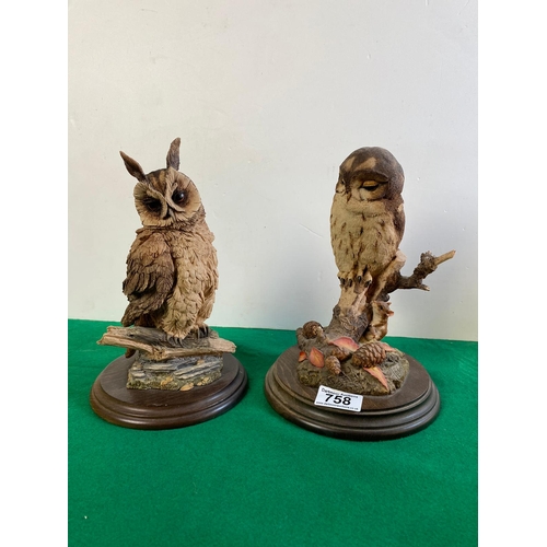 758 - Two Country Artists owls, approx 24cm and 25cm tall along with a carved wooden bird