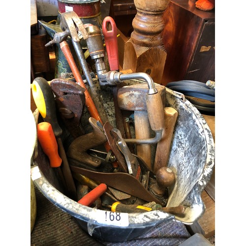 168 - Bucket of various tools including inc. planes, hammer, vice, wheel brace etc