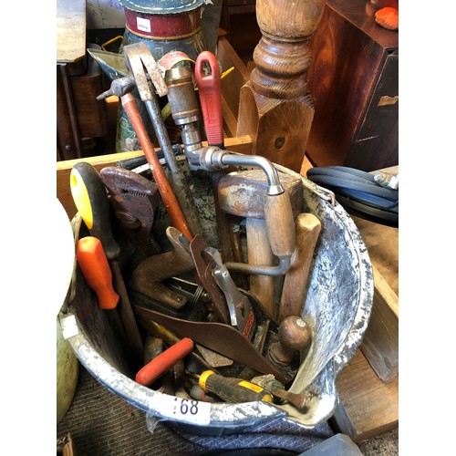 168 - Bucket of various tools including inc. planes, hammer, vice, wheel brace etc