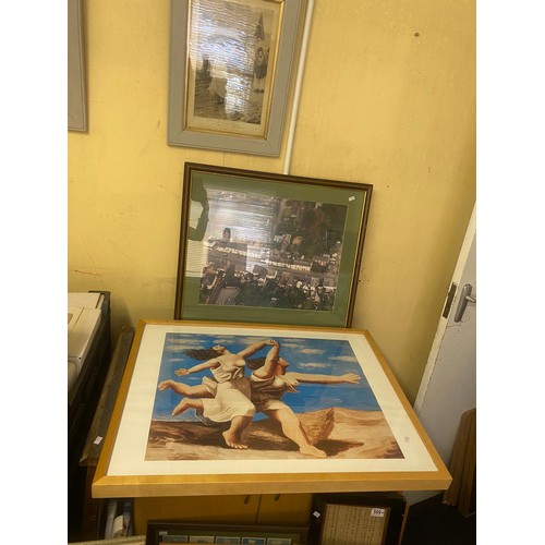 576 - 2 large framed posters and a framed poster of Mr Spock and an ariel village photograph, floral print... 