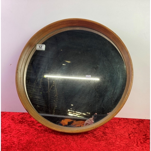 12 - Very retro wooden edged circular mirror 38cm diameter