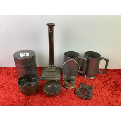 51 - Mixed brass items incl. candlestick, tankards, and bowl