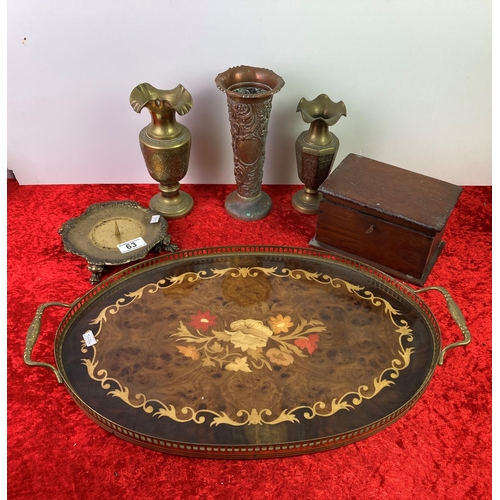 63 - Collection of brass vases, inlaid wooden tray, and wooden box