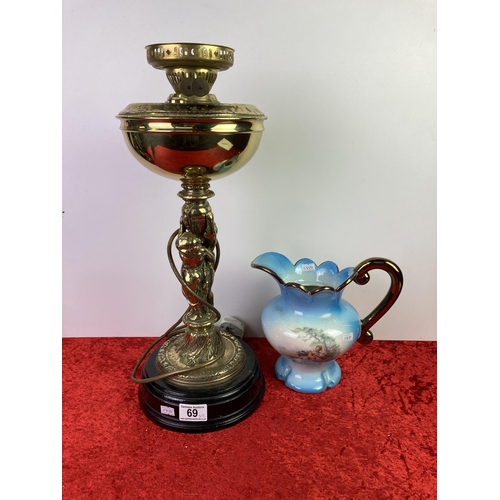 69 - Ornate brass oil lamp base converted to electric (not tested), and blue decorative jug