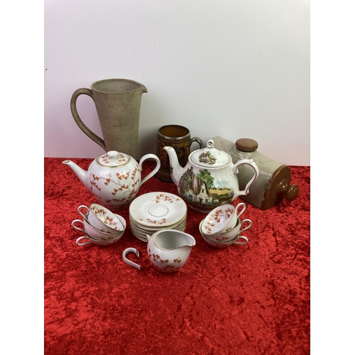 8 - China tea set, tankard, and earthenware bedwarmer